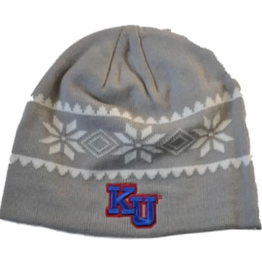 KANSAS JAYHAWKS HEADMASTER CAMPUSWEAR EMBROIDERED GRAY AND WHITE KNIT BEANIE CAP